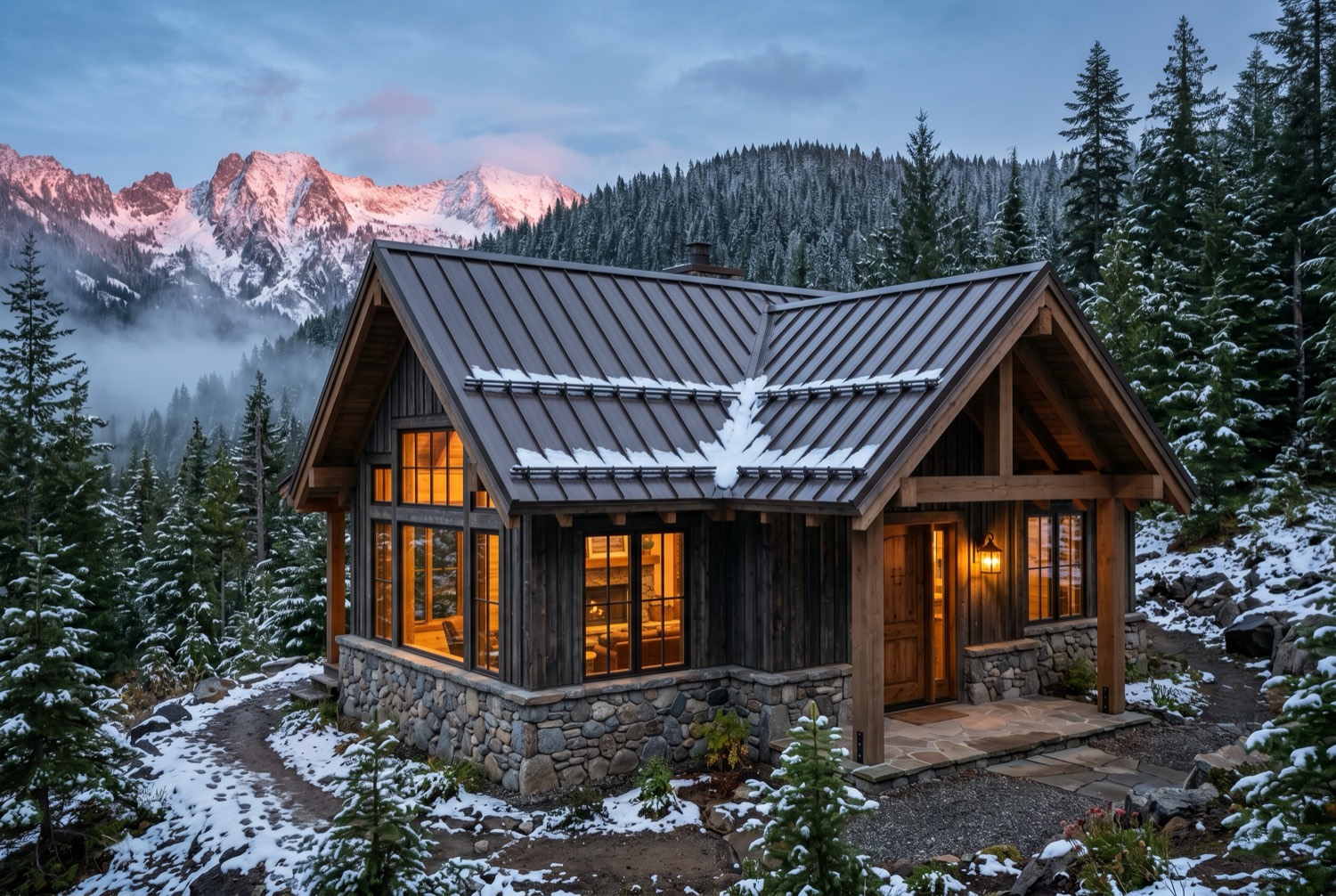 Mountain cabin with a bronze standing-seam metal snow-load roof