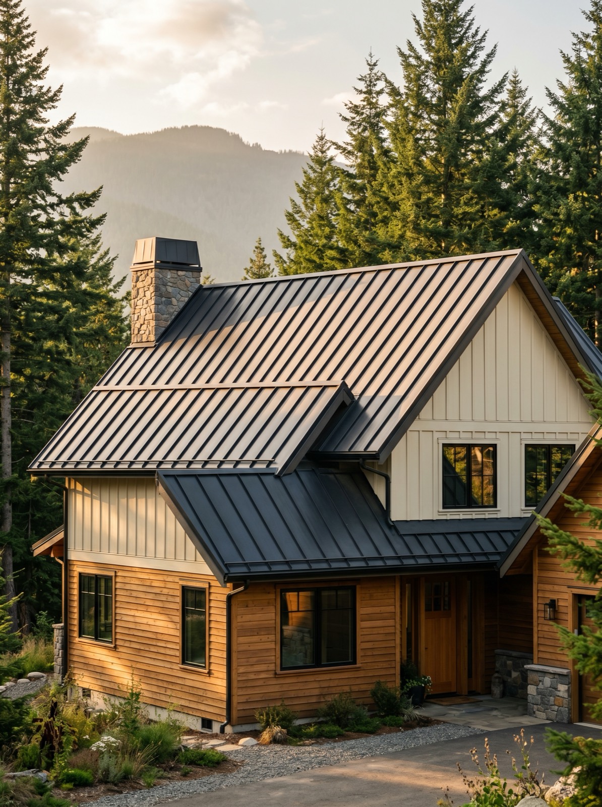 New charcoal standing-seam metal roof on a two-story Cascade Valley home