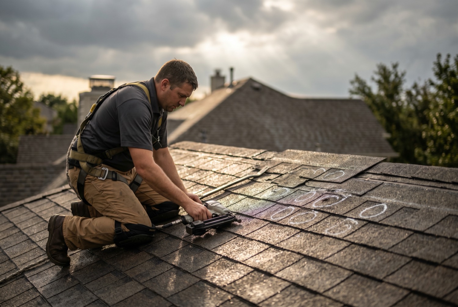 Roofer performing hail and storm damage restoration on a roof